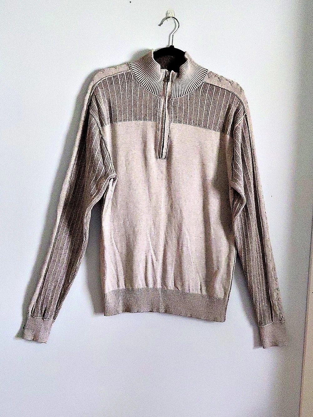 BKE Mens Quarter-Zip Gray Cable Knit Standard Fit Cotton Sweater Preppy Fall L